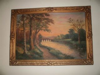 Vintage Signed Oil On Canvas Painting In Ornate Gesso On Wood Frame