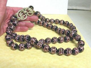 Glass Bead Necklace Vintage Black Pink White Gold W/ Rhinestone Clasp 2 Strands