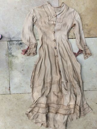 Exquisitely Detailed Antique Victorian Chestnut Linen Dress - Woman’s Size Medium