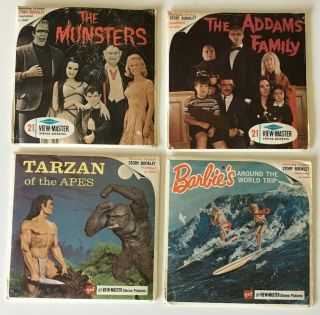 4 Vintage View Master Packets - Munsters,  Adams Family,  Barbie,  Tarzan - 1960 