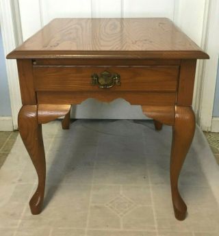 Vintage Oak Finish Wood End Table Queen Anne Leg With Drawer -