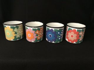 Rare Vintage Finel Made In Finland Enamel Cups Mugs Handle Daisies Flowers