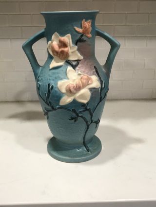 Large Vintage Roseville Pottery Blue Magnolia Double Handle Vase 98 - 15 " Read