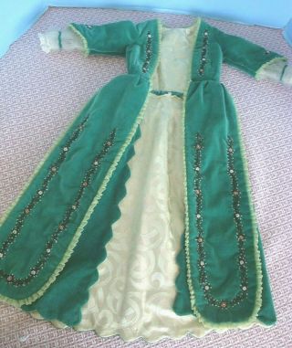 Antique Vintage Green Velvet 2 Pc Doll Dress Fashion Beads Lace 26 "