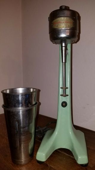 Vintage Hamilton Beach Green Mixer Model No.  25 W/2 Metal Milkshake Cups -