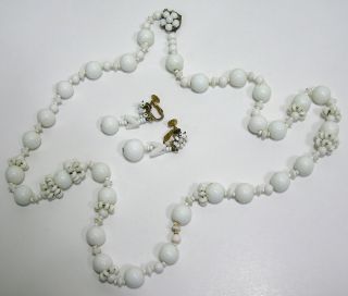 Vtg Jewelry Miriam Haskell Necklace Earrings Set Milk Glass Balls & Beads