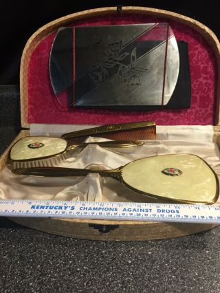 Elegant Vintage Brass Vanity Set - Mirrors,  Brush,  Comb With Rose - Carrying Case