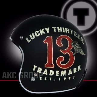 Lucky 13 Winged Tank Open Face Vintage Style Motorcycle Scooter 3/4 Helmet Small
