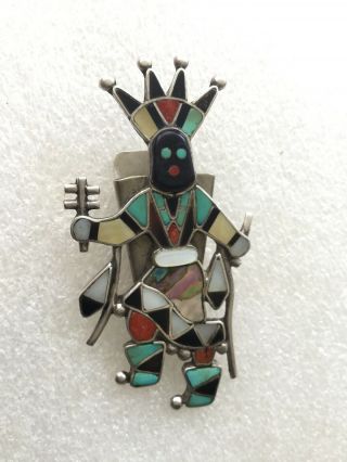 Vintage Old Pawn Zuni Sterling Inlaid Multi Stone Apache Ghan Dancer Bolo Tie.