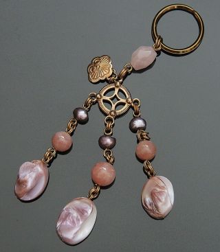 Stephen Dweck Vintage Keychain Bag Charm Gemstone Pearl Shell Pink Quartz Agate