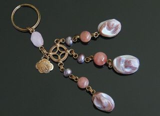 STEPHEN DWECK Vintage Keychain Bag Charm Gemstone Pearl Shell Pink Quartz Agate 2