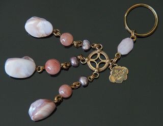 STEPHEN DWECK Vintage Keychain Bag Charm Gemstone Pearl Shell Pink Quartz Agate 3