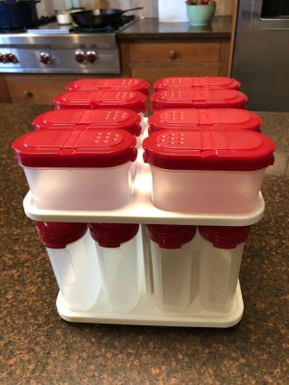 Vintage Tupperware Spice Set Lazy Susan Storage 16 Containers Red Lids