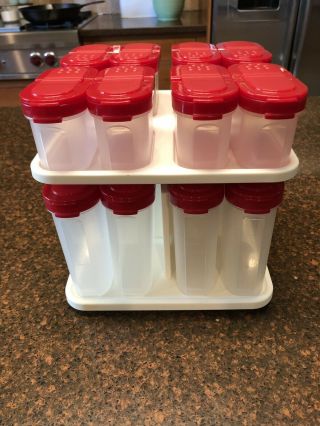 Vintage TUPPERWARE Spice Set Lazy Susan Storage 16 Containers RED Lids 2