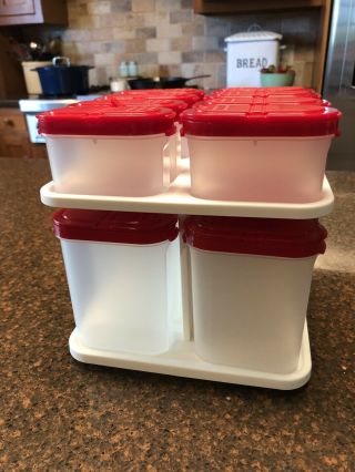 Vintage TUPPERWARE Spice Set Lazy Susan Storage 16 Containers RED Lids 3