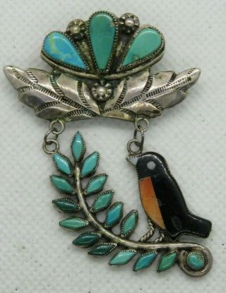 Vtg Estate Sterling Silver Turquoise Zuni Needle Point Pin Brooch W/ Bird Dangle