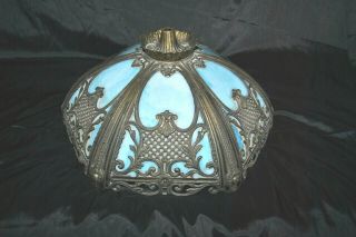 Vintage Blue Slag Glass Shade For Table Lamp 6 Panel Ornate Brass Art&craft 1