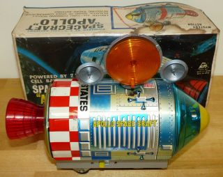 Vintage Spacecraft Apollo Battery Operated Space Rocket Alps Japan Box Tin Toy