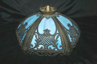 Vintage Blue Slag Glass Shade For Table Lamp 6 Panel Ornate Brass 2