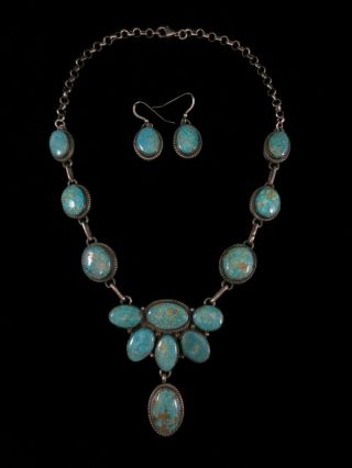 Vintage Navajo Necklace & Earrings - Sterling Silver & 8 Spiderweb Turquoise