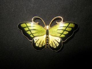 Vintage Signed Butterfly Enamel 925s Sterling Norway Brooch Green Yellow Black