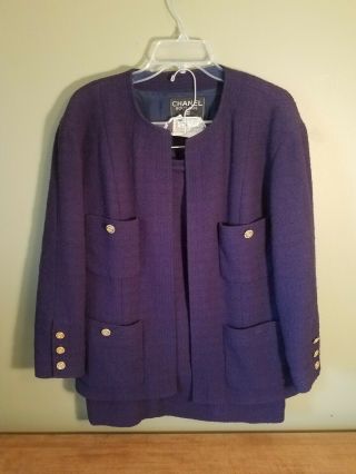 Chanel Vintage Deep Purple Wool Suit Open Jacket & Skirt Size Fr 44 Silk Lining