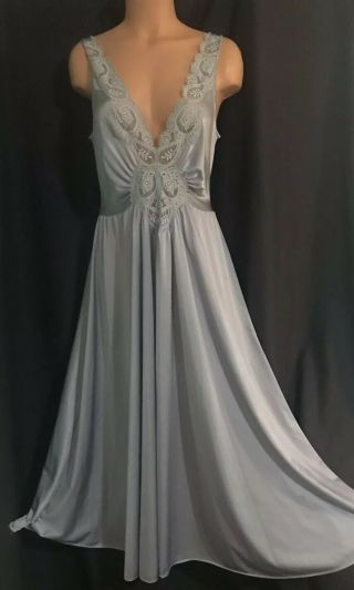 Vtg Olga Full Sweep Blue Nightgown Plus Xxl 2xl Nylon Spandex Lace 98280 Gown
