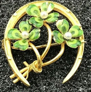 Vintage Antique 14k Gold Brooch Pin Seed Pearls Enamel Irish Four Leaf Clovers