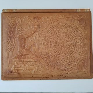 Artist Leather Embossed Carved Portfolio Vintage Mexican Mayan Aztec Medallion