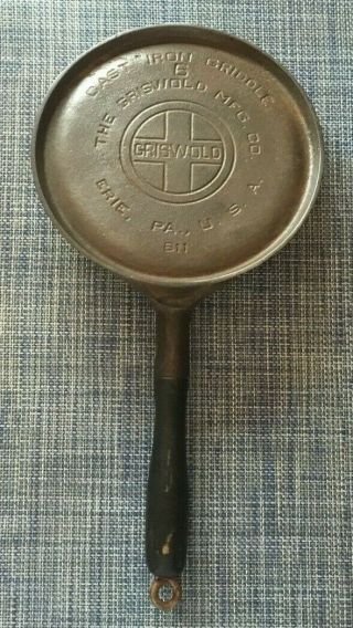 Vintage Griswold Cast Iron Griddle 6 611 W/ Wood Handle Large Block Logo Rare