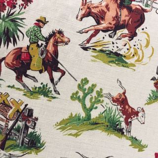 VTG Barkcloth Drapery Upholstery Fabric Cowboy Western Ranch 35” X 11 Yard & 2’ 10