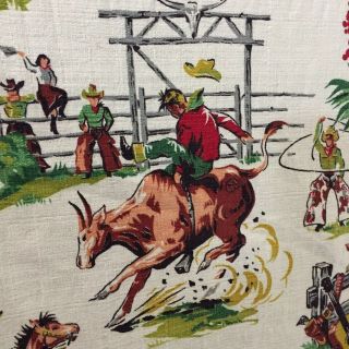 Vtg Barkcloth Drapery Upholstery Fabric Cowboy Western Ranch 35” X 11 Yard & 2’