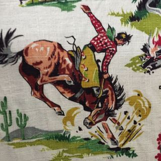 VTG Barkcloth Drapery Upholstery Fabric Cowboy Western Ranch 35” X 11 Yard & 2’ 5