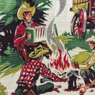 VTG Barkcloth Drapery Upholstery Fabric Cowboy Western Ranch 35” X 11 Yard & 2’ 7