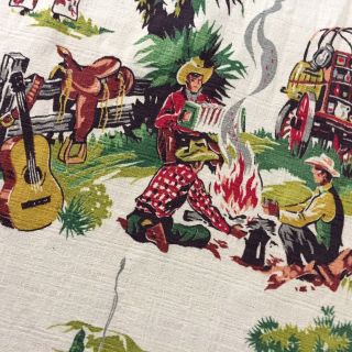 VTG Barkcloth Drapery Upholstery Fabric Cowboy Western Ranch 35” X 11 Yard & 2’ 8