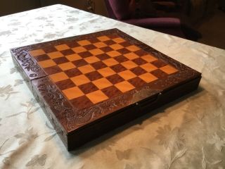 Vtg.  Chinese Carved Wood Chess Set 1950s Folding Board Box Game