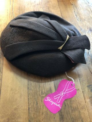 Vintage Schiaparelli Paris Womens Brown Felted Hat Helios With Tags