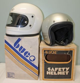 (2) Vintage Motorcycle Helmets Buco & All Sport Medium White Silver Retro 1970 