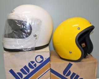 2 Vintage Buco Motorcycle Helmets Nib Poly White Full Face Yellow Medium 1970 