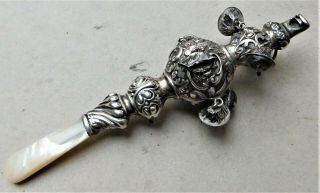 1871 Victorian Silver Babies Rattle Teether Bells & Whistle Vintage