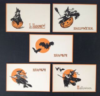 Vintage Gibson Halloween Postcards (6) Witches And Bats,  Orange Borders,