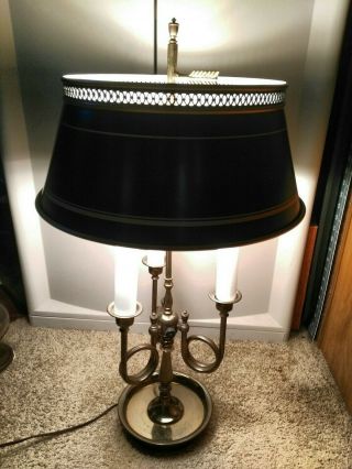 Vintage Brass Three Arm French Bouillotte Lamp With Tole Shade 27” Tall