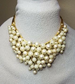 Vintage Trifari? Brushed Gold Bamboo Design Necklace W Pearls Gorgeous Unsigned