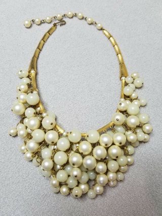 Vintage Trifari? Brushed Gold Bamboo Design Necklace W Pearls GORGEOUS UNSIGNED 3