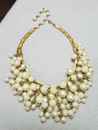 Vintage Trifari? Brushed Gold Bamboo Design Necklace W Pearls GORGEOUS UNSIGNED 4