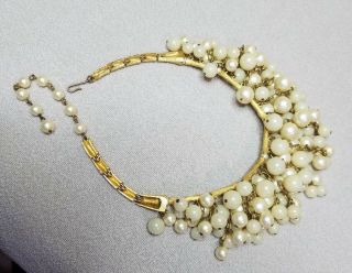 Vintage Trifari? Brushed Gold Bamboo Design Necklace W Pearls GORGEOUS UNSIGNED 5
