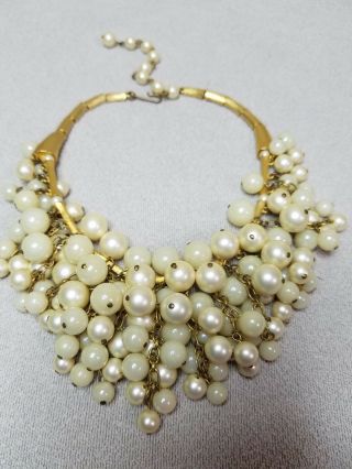 Vintage Trifari? Brushed Gold Bamboo Design Necklace W Pearls GORGEOUS UNSIGNED 6