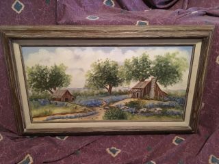 Vintage Texas Hill Country Oil Painting Bluebonnet Homestead By Gerold?