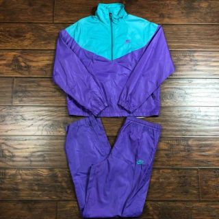 Vintage 80s Nike Swoosh Teal Purple Nylon Track Suit Wind Suit Size L