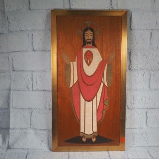 Wood Sacred Heart Of Jesus Religious Iconography Mid Century 13x25 Vtg